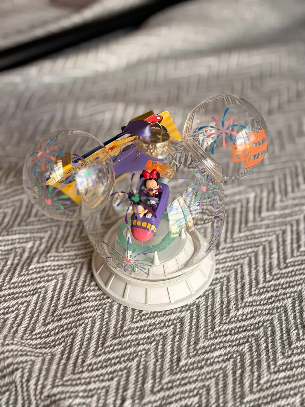 Disney Clear Mickey Globe Ornament with Purple and Pink Ride Detail